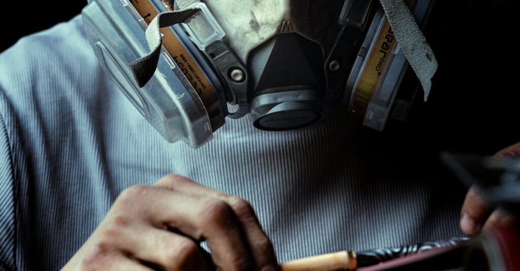 Close-up of a masked artisan carefully crafting with tools, showcasing skill and precision.