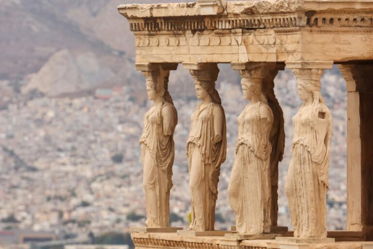 Ancient Caryatid statues of the Erechtheion on the Acropolis of Athens, Greece.